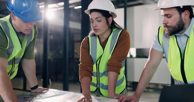 Architect, people and construction team with blueprint, maintenance planning or renovation. Document, engineer and discussion with schematic for building codes, design or quality assurance in office