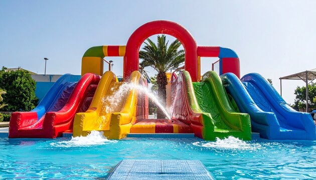 Colorful water slides splashing into bright blue pool symbolizing joy, energy, and summer fun.