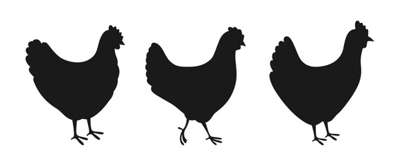 Fototapeta premium Hen silhouette icon set. Hand drawn Domestic rooster chicken farm bird shadow shape rustic style. Bird character for label, banner and print vector design