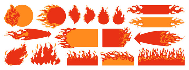 Flaming Black Friday sticker set. Hot sale badges, burning price tags, fire frame promotional labels, shopping discount advertising burn banners. Blank template for text design. Vector illustration © neliakott