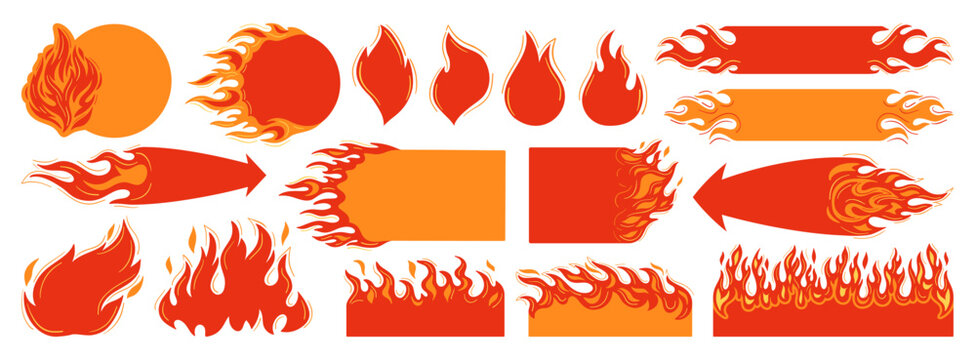 Flaming Black Friday sticker set. Hot sale badges, burning price tags, fire frame promotional labels, shopping discount advertising burn banners. Blank template for text design. Vector illustration