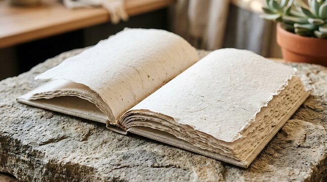 Old book on stone table outdoors.