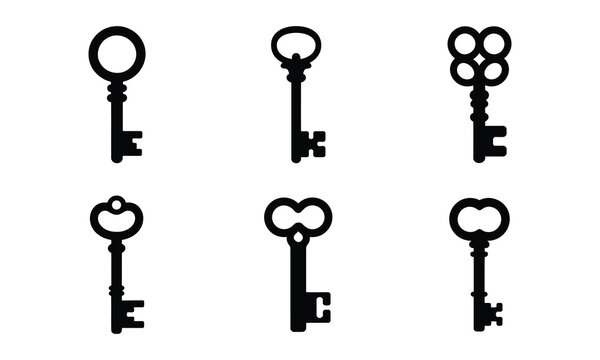 Set of black vintage keys, isolated on white background.