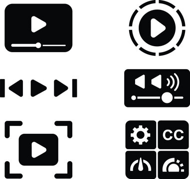 Set of six black silhouette media control icons featuring play buttons, progress bars, full-screen mode, captions, settings, and playback tools for video player interfaces