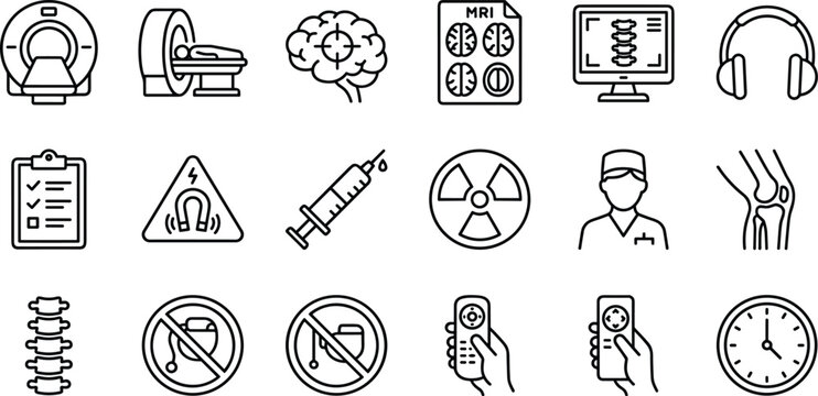 Medical MRI scan and diagnostic imaging line icon set vector illustration featuring magnetic resonance tomography brain x-ray and hospital equipment symbols isolated on white background.