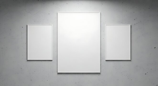Triptych of blank frames on grey textured wall.