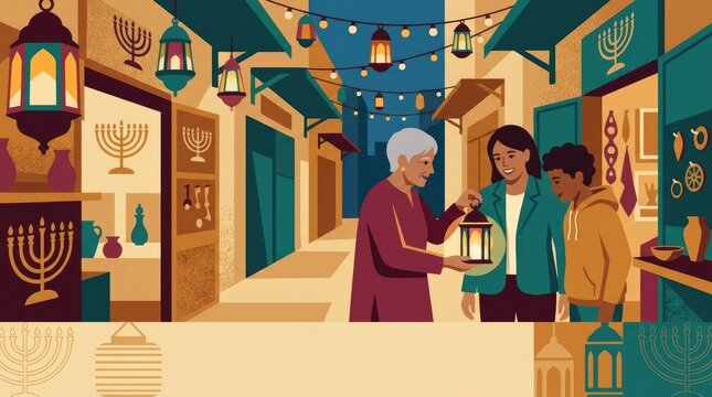 Dusk Market Lantern Parade. A lively dusk street market with portable lanterns overhead, menorahs integrated into shopfronts, and a small group of ped