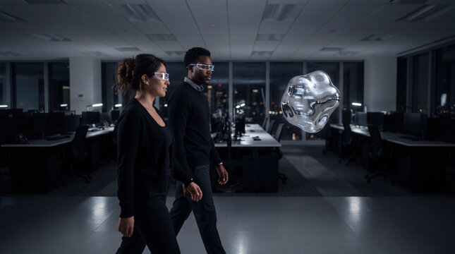 Two colleagues walking through an office beside a floating metallic digital object