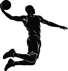 Basketball Dunk Player Silhouette Featuring Flying Slam Dunk Jump Shot and Athletic Action Vector Illustration © bipul stok