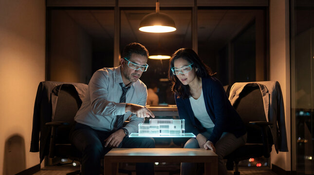 Business professionals reviewing architectural model using augmented reality in office