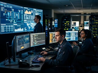 Fototapeta premium Business professionals analyzing financial data on multiple screens.