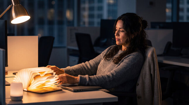 Professional reading illuminated book beside laptop in modern office at night