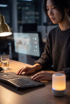 Business analyst reviewing financial dashboard at workstation during evening office hours