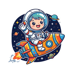 Fototapeta premium Cute cartoon astronaut riding a colorful rocket ship in deep space, vector illustration of a happy child explorer waving near planets.