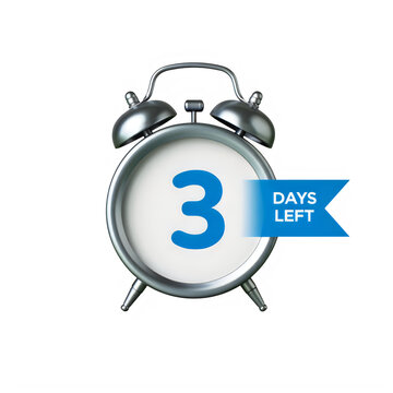 3 Days Left Countdown on Silver Alarm Clock Isolated on White