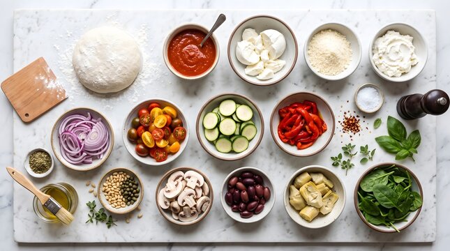 High-angle shot of various fresh pizza ingredients neatly arranged in small ceramic bowls on a white marble surface.