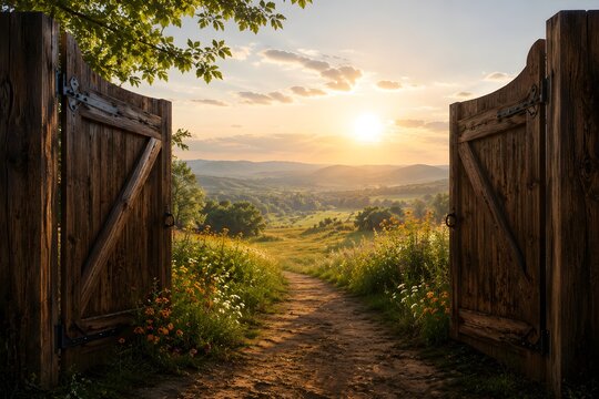 Open wooden gate leading to a scenic wildflower meadow at sunset