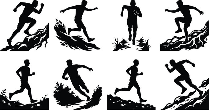 Trail Running Athlete Silhouette Collection with Outdoor Jogging and Mountain Action Poses