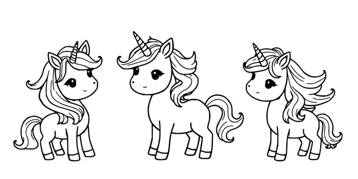 Unicorns set with flowing manes and tails in playful poses featuring white line art, whimsical style, expressive eyes with child-friendly and fantasy themes