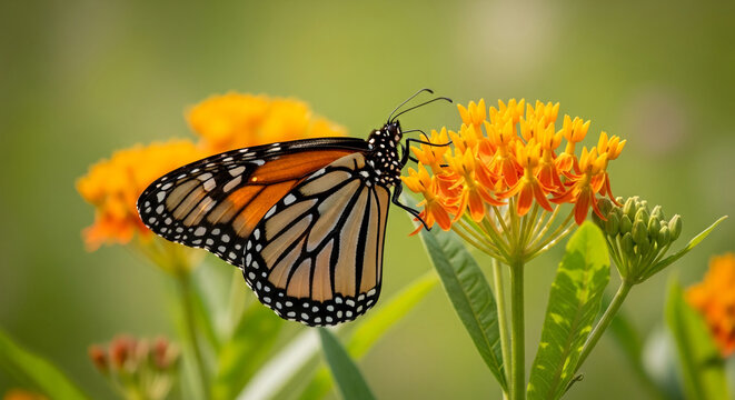 Monarch butterfly on orange flower, showcasing delicate wings and intricate patterns, symbolizing transformation, nature's beauty, and ephemeral moments