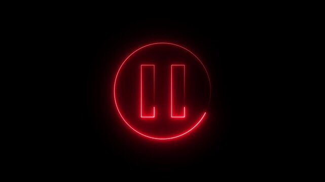 Animated neon media player pause icon. audio play stop control circle pause button on black background