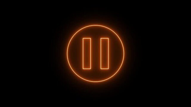 Animated neon media player pause icon. audio play stop control circle pause button on black background