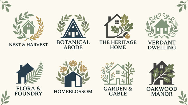 Set of 8 Vintage House Logos with Botanical Elements - Real Estate, Home Decor, Branding