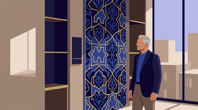Senior Uses Flow Branding Tile Rhythm. A refined interior scene shows a senior figure in a calm study observing a large wall panel of Islamic minbar f