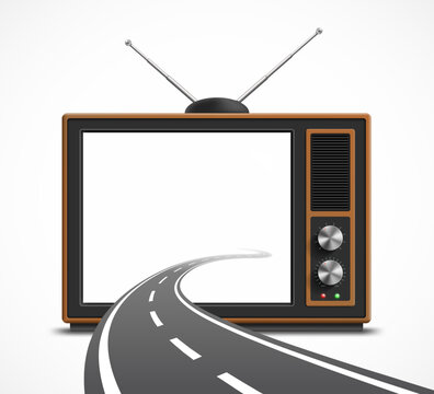 Road leads to a retro TV screen. Vector illustration
