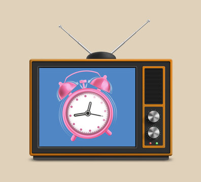 Retro TV with a ringing alarm clock on the screen. Vector illustration