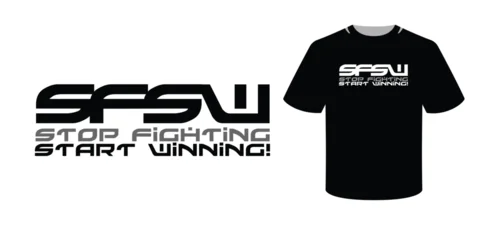 Futuristic typography T-shirt design with bold geometric lettering and motivational quote "Stop Fighting Start Winning". Modern vector apparel graphic in black and gray. © ogologo