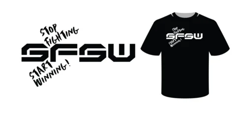 Modern typography T-shirt design combining bold futuristic lettering with expressive hand-drawn brush script featuring the motivational quote "Stop Fighting Start Winning". Vector apparel graphic © ogologo