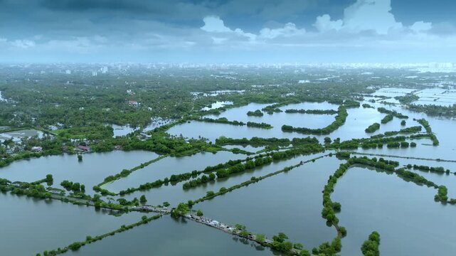 Aerial drone view of Kadamakudy backwaters in Ernakulam, Kerala, Kadamakkudy Islands is an island suburb of the city of Kochi in the Indian state of Kerala. Known as the Kuttanad of Kochi