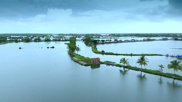 Aerial drone view of Kadamakudy backwaters in Ernakulam, Kerala, Kadamakkudy Islands is an island suburb of the city of Kochi in the Indian state of Kerala. Known as the Kuttanad of Kochi
