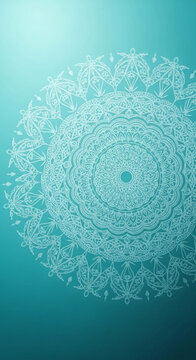 Intricate white mandala pattern on a gradient teal background, symbolizing spiritual harmony, unity, and circular wholeness, ideal for wellness or decorative concepts