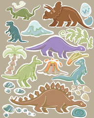 Hand drawn cute dinosaurs collection. Prehistoric animal characters set with t-rex and triceratops sketch. Seamless pattern background with cartoon jurassic reptile illustration isolated © Paint_art