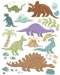 Hand drawn cute dinosaurs collection. Prehistoric animal characters set with t-rex and triceratops sketch. Seamless pattern background with cartoon jurassic reptile illustration isolated © Paint_art