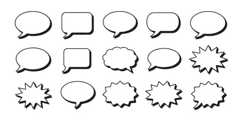 Fototapeta premium Hand drawn style speech bubbles collection with thick outlines and shadow effects for comic narratives.