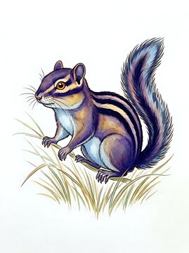 Illustrated chipmunk with purple and gold coloring, striped tail, and detailed fur texture sitting among dried grass on isolated white background for design projects.