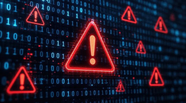 Digital warning symbols with exclamation marks overlaying binary code, representing cybersecurity threats or system errors.
