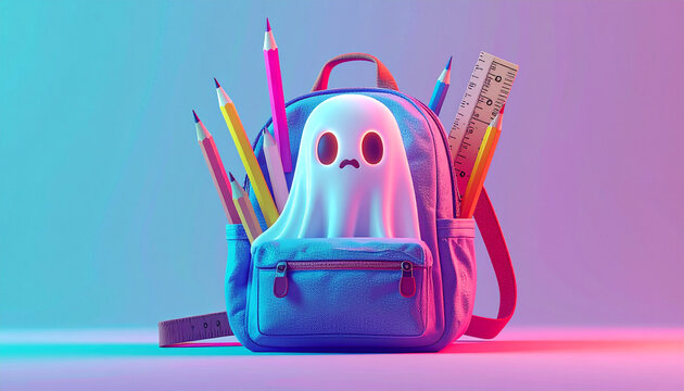 Spooky School Supplies: A whimsical blue backpack is packed with colorful pencils, a ruler, and a cute, hesitant ghost peeking out, set against a gradient of pink and blue.