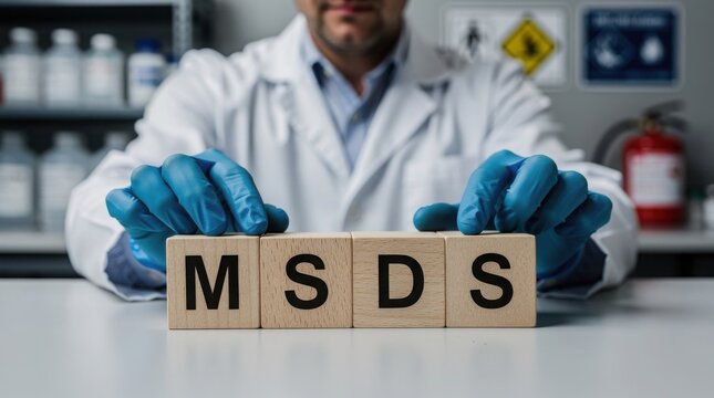 Scientist in a lab coat and gloves arranging wooden blocks that spell MSDS, referencing Material Safety Data Sheets in a laboratory setting.