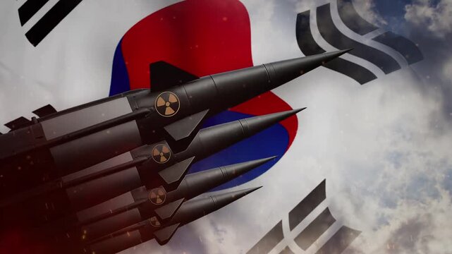 Nuclear missiles flying over the South Korean flag in motion video footage