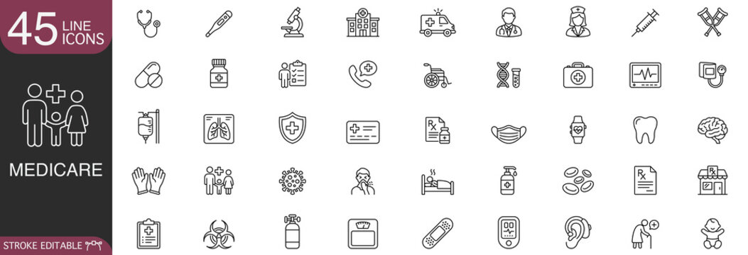 Medicare and healthcare line icon vector set featuring medical equipment, hospital service, and doctor consultation concepts with editable stroke