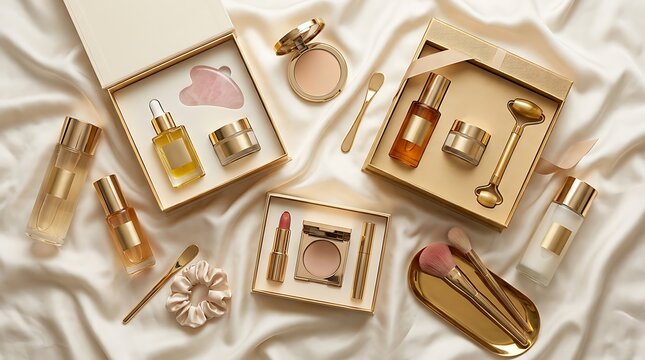 Beauty skin care gift set with cosmetic products and facial tools on a soft fabric background. discounted cosmetic packs