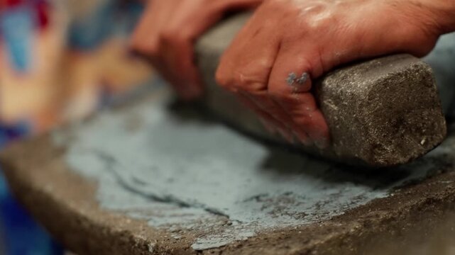 Hands rolling green tortilla dough on stone roller during traditional preparation, square rectangle shape on rock board, slowly scoop individual pieces