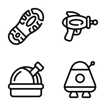 Futuristic space travel and technology icon set featuring space shoe ray gun observatory and capsule futuristic technology observatory