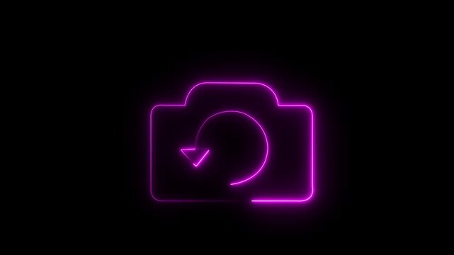 A glowing blue neon camera icon with a circular arrow indicating a refresh or rotation function, isolated on a black background, representing photography, technology, and digital media concepts.