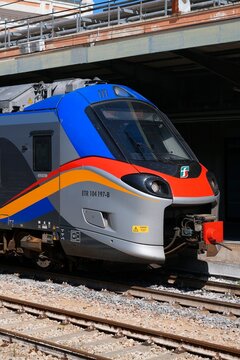 BARI, ITALY - APRIL 24, 2026: Trenitalia Pop passenger train in Bari Station, Italy. ETR 104 electric multiple unit built by Alstom.
