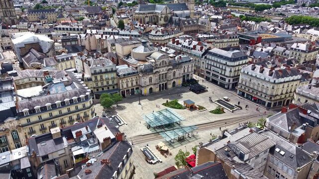 Place du Ralliement et Grand Theatre in Angers city. France. Aerial drone backward and cityscape